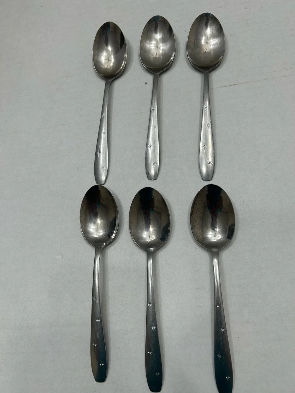 Vintage Wallace Stainless Serving Spoons Atomic/Starburst design. Lot of 6